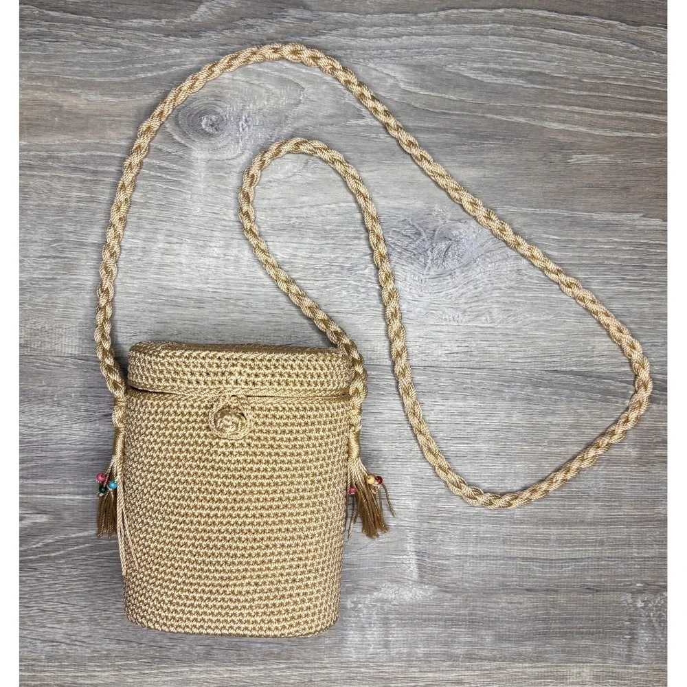 The Sak Crochet Crossbody Bucket Bag Phone Purse Tassel Detail Boho Festival